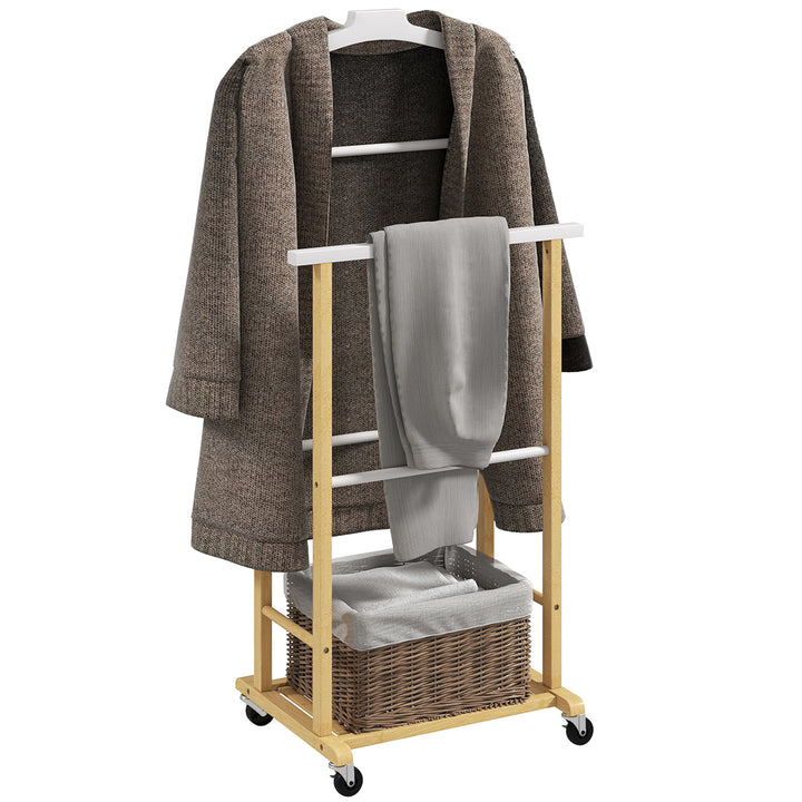 Cabide de Pé de Bambu com Rodas Cabide para Roupas com Barras para Calças e Prateleira Inferior para Sapatos Estilo Nórdico para Quarto 47x33,7x105,5 cm Madeira e Branco