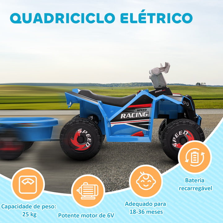 Quadriciclo Elétrico para Crianças com Reboque a Bateria 6V Carro Elétrico para Crianças de 18-36 Meses com Velocidade 2,5 km/h Carga Máxima 106x41,5x48,5 cm Azul