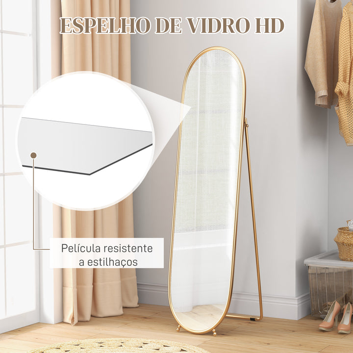 Espelho de Pé 160x40 cm Espelho de Corpo Inteiro com Moldura Metálica Espelho de Parede Oval com Suporte e 2 Formas de Utilização para Sala de Estar Entrada e Quarto Dourado