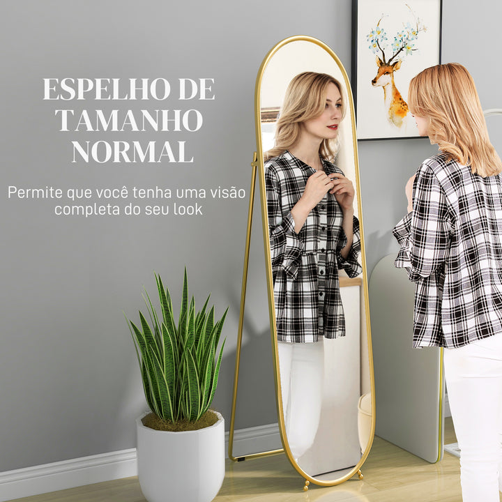 Espelho de Pé 160x40 cm Espelho de Corpo Inteiro com Moldura Metálica Espelho de Parede Oval com Suporte e 2 Formas de Utilização para Sala de Estar Entrada e Quarto Dourado