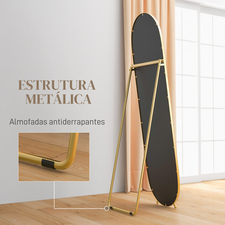 Espelho de Pé 160x40 cm Espelho de Corpo Inteiro com Moldura Metálica Espelho de Parede Oval com Suporte e 2 Formas de Utilização para Sala de Estar Entrada e Quarto Dourado