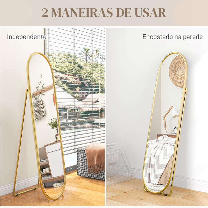 Espelho de Pé 160x40 cm Espelho de Corpo Inteiro com Moldura Metálica Espelho de Parede Oval com Suporte e 2 Formas de Utilização para Sala de Estar Entrada e Quarto Dourado