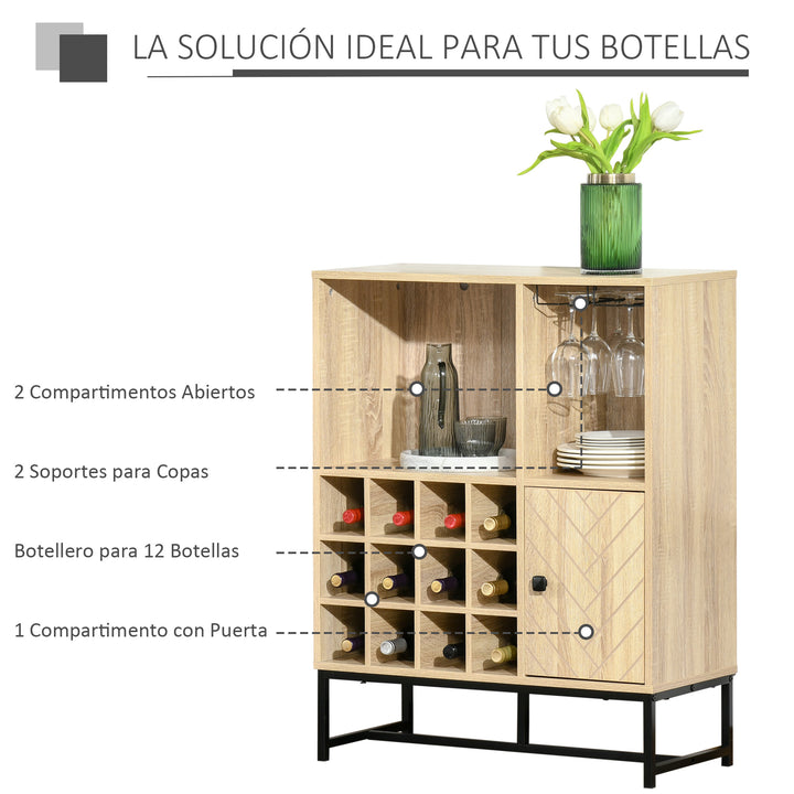 Aparador de Cozinha Armário com 1 Porta Prateleiras Abertas Suporte para 12 Garrafas e 6 Taças de Vinho para Sala de Jantar Bar Restaurante 76x35x97cm Madeira Natural