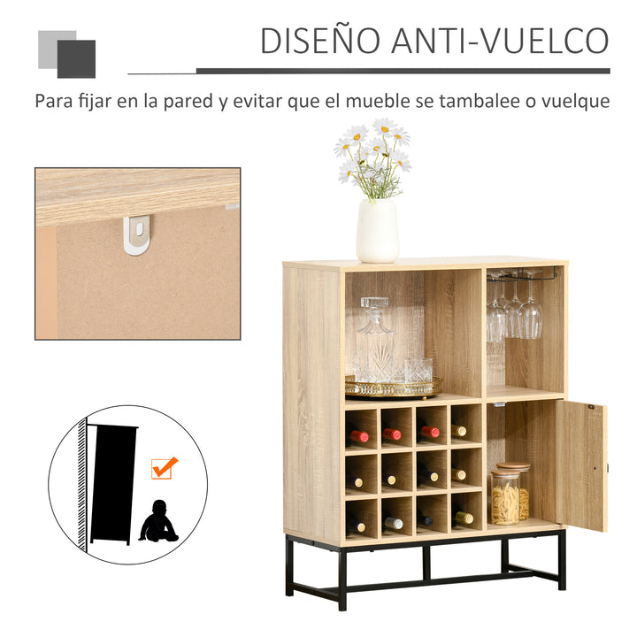 Aparador de Cozinha Armário com 1 Porta Prateleiras Abertas Suporte para 12 Garrafas e 6 Taças de Vinho para Sala de Jantar Bar Restaurante 76x35x97cm Madeira Natural