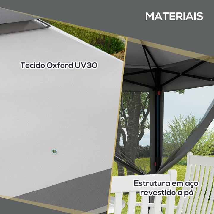 Tenda Dobrável 3,26x3,26x2,72 m Tenda de Jardim com Duplo Teto Altura Ajustável 4 Painéis de Malha Proteção UV30+ e Bolsa de Transporte para Festas Campismo Cinza