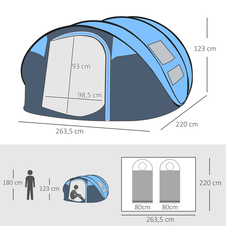 Tenda de Campismo Pop-up para 4-5 Pessoas Tenda de Campismo Instantânea com Janelas Bolsos e Bolsa de Transporte Impermeável Anti-UV 263,5x220x123 cm Azul