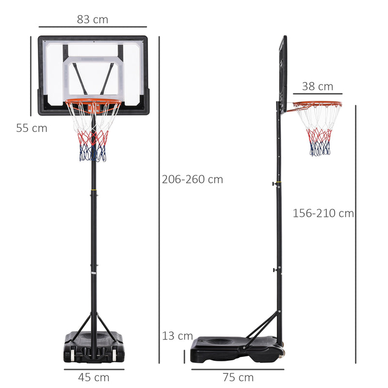 Tabela de Basquetebol para Exterior com Altura Ajustável 206-260 cm Cesta de Basquetebol com Rodas e Base Recarregável para Adolescentes e Adultos Preto