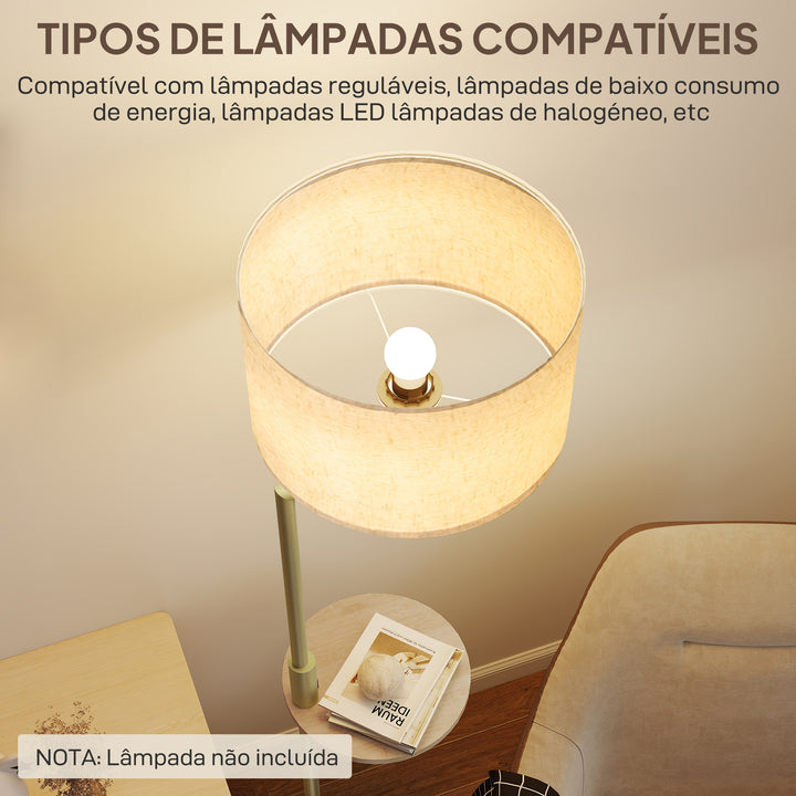 Candeeiro de Pé com Mesa Auxiliar Candeeiro com Prateleira Lâmpada E27 Máx. 40W com Ecrã de Linho Interruptor de Corrente e Carregador USB para Sala de Estar Ø40x170 cm Dourado