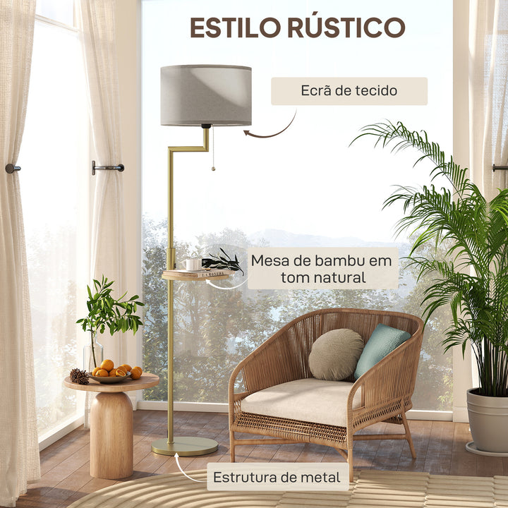 Candeeiro de Pé com Mesa Auxiliar Candeeiro com Prateleira Lâmpada E27 Máx. 40W com Ecrã de Linho Interruptor de Corrente e Carregador USB para Sala de Estar Ø40x170 cm Dourado