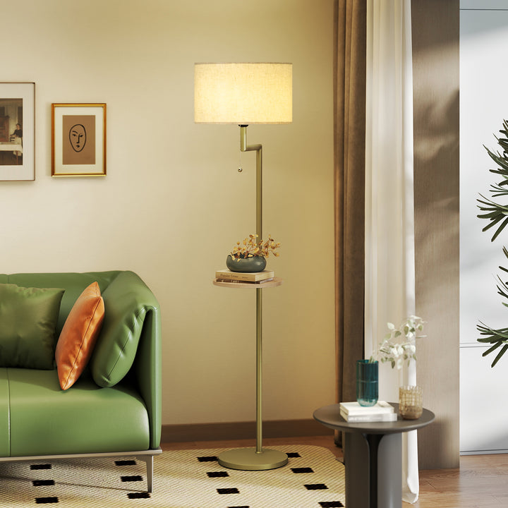 Candeeiro de Pé com Mesa Auxiliar Candeeiro com Prateleira Lâmpada E27 Máx. 40W com Ecrã de Linho Interruptor de Corrente e Carregador USB para Sala de Estar Ø40x170 cm Dourado