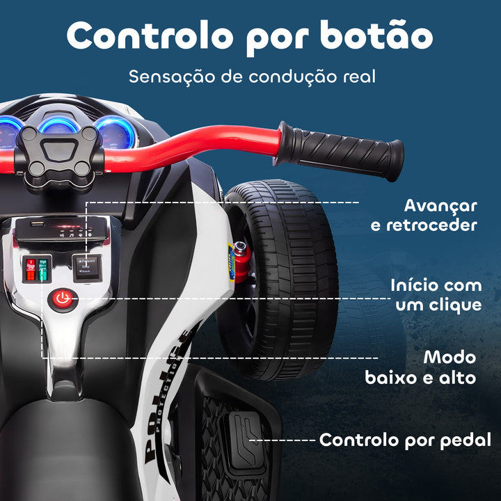 Quadricilo Elétrico para Crianças 12V 3-8 Anos com 2 Motores Velocidade até 5 km/h 3 Rodas Suspensão Faróis Buzina Música USB 113x74x63 cm Preto e Branco