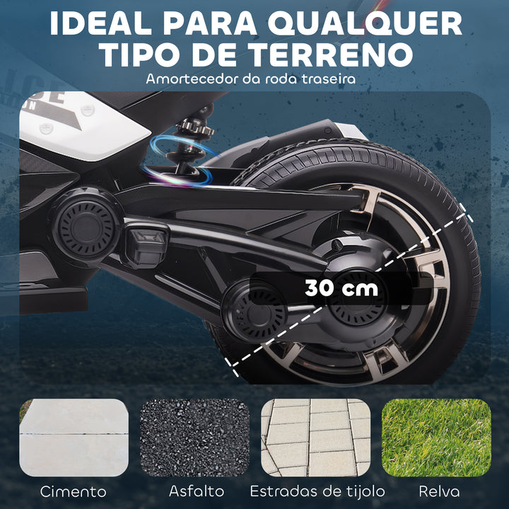 Quadricilo Elétrico para Crianças 12V 3-8 Anos com 2 Motores Velocidade até 5 km/h 3 Rodas Suspensão Faróis Buzina Música USB 113x74x63 cm Preto e Branco
