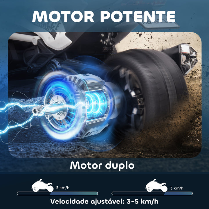 Quadricilo Elétrico para Crianças 12V 3-8 Anos com 2 Motores Velocidade até 5 km/h 3 Rodas Suspensão Faróis Buzina Música USB 113x74x63 cm Preto e Branco