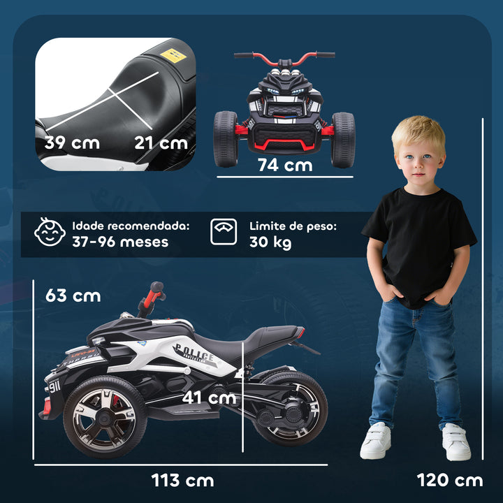 Quadricilo Elétrico para Crianças 12V 3-8 Anos com 2 Motores Velocidade até 5 km/h 3 Rodas Suspensão Faróis Buzina Música USB 113x74x63 cm Preto e Branco