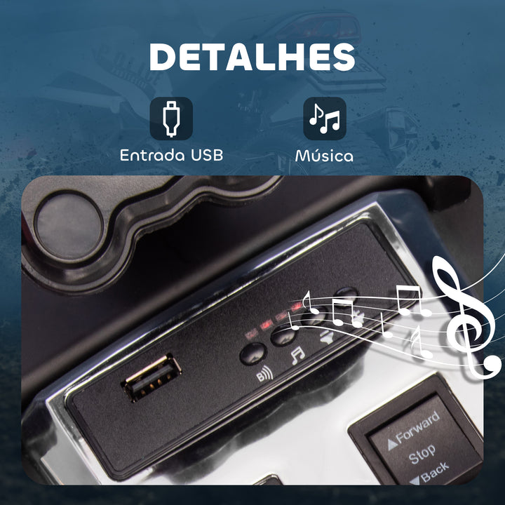 Quadricilo Elétrico para Crianças 12V 3-8 Anos com 2 Motores Velocidade até 5 km/h 3 Rodas Suspensão Faróis Buzina Música USB 113x74x63 cm Preto e Branco