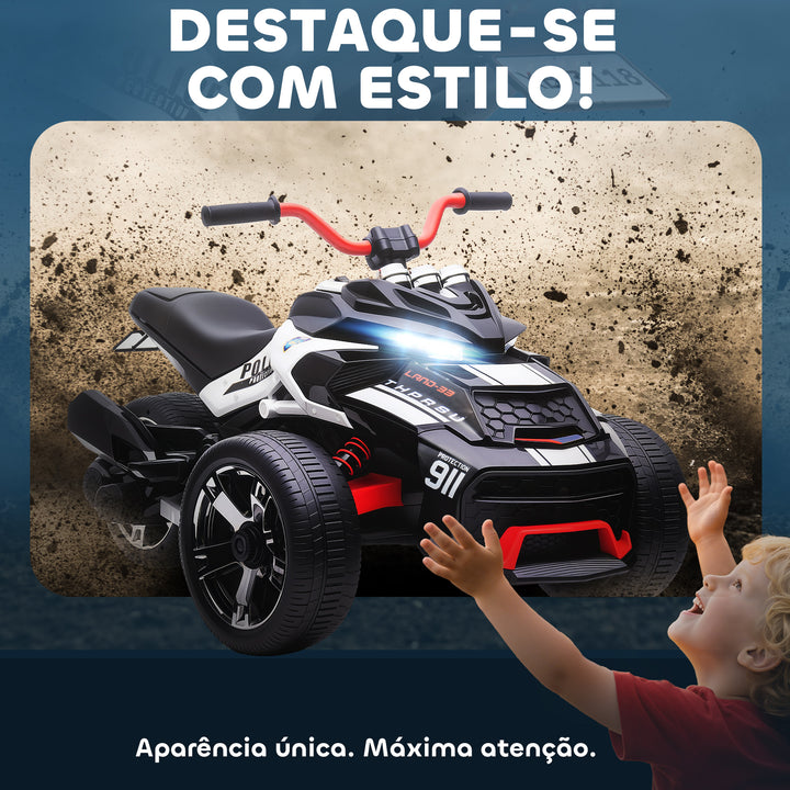 Quadricilo Elétrico para Crianças 12V 3-8 Anos com 2 Motores Velocidade até 5 km/h 3 Rodas Suspensão Faróis Buzina Música USB 113x74x63 cm Preto e Branco