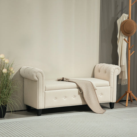 Banco de Pé de Cama Banco de Armazenamento de Linho com Dobradiças na Tampa Pés de Madeira e Apoio para os Braços para Dormitórios Sala de Estar Corredor Carga 150kg 146,5x49x74,5 cm Bege