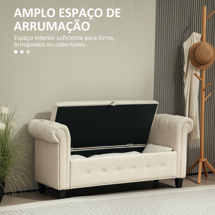 Banco de Pé de Cama Banco de Armazenamento de Linho com Dobradiças na Tampa Pés de Madeira e Apoio para os Braços para Dormitórios Sala de Estar Corredor Carga 150kg 146,5x49x74,5 cm Bege