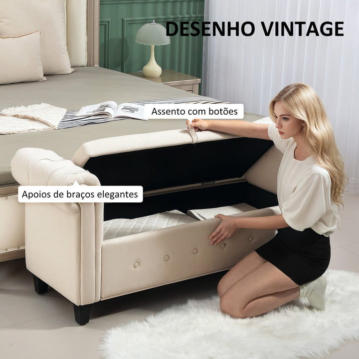 Banco de Pé de Cama Banco de Armazenamento de Linho com Dobradiças na Tampa Pés de Madeira e Apoio para os Braços para Dormitórios Sala de Estar Corredor Carga 150kg 146,5x49x74,5 cm Bege