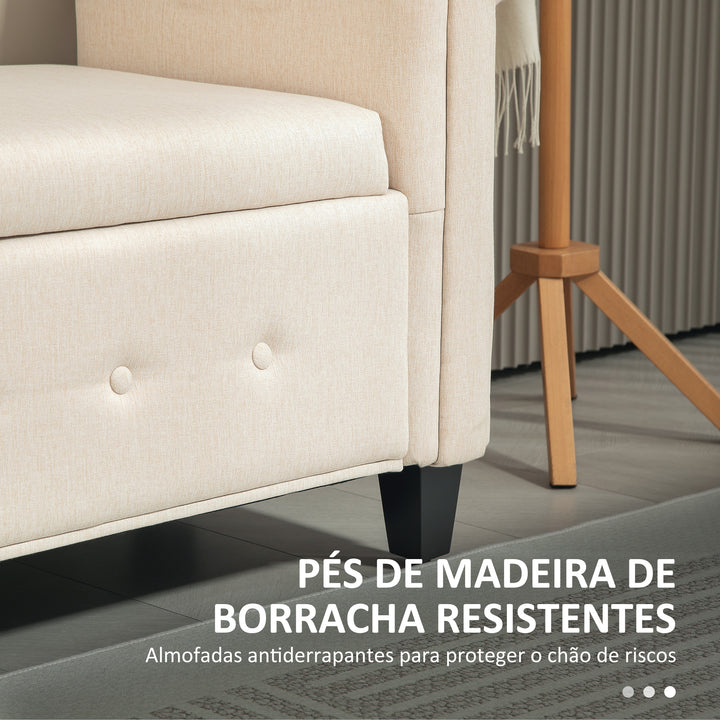 Banco de Pé de Cama Banco de Armazenamento de Linho com Dobradiças na Tampa Pés de Madeira e Apoio para os Braços para Dormitórios Sala de Estar Corredor Carga 150kg 146,5x49x74,5 cm Bege