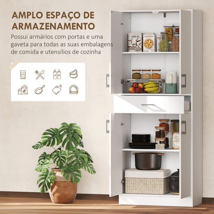 Armário de Cozinha Móvel de Cozinha com 4 Portas 1 Gaveta e Prateleiras Ajustáveis Anti-Tombo Armário de Cozinha Moderno para Sala de Jantar Sala de Estar 70,8x34x180 cm Branco
