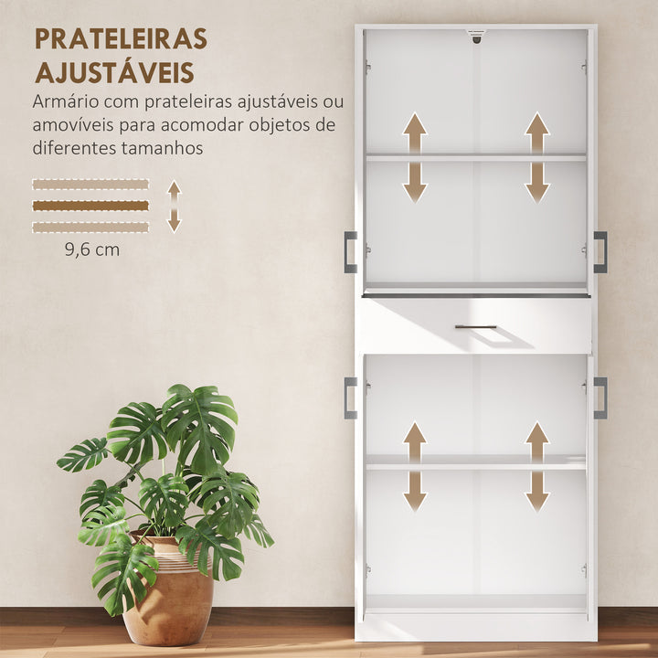 Armário de Cozinha Móvel de Cozinha com 4 Portas 1 Gaveta e Prateleiras Ajustáveis Anti-Tombo Armário de Cozinha Moderno para Sala de Jantar Sala de Estar 70,8x34x180 cm Branco