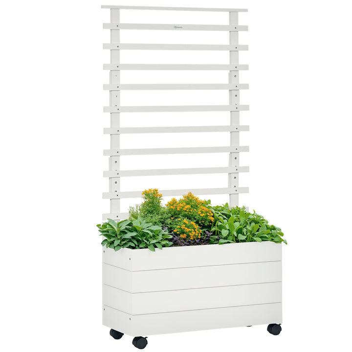 Floreira com Treliça de Madeira Maciça com 4 Rodas Caixa de Plantio com Suporte para Plantas Trepadeiras e Malha Geotêxtil para Cultivos de Plantas Flores 76x30x155 cm Branco