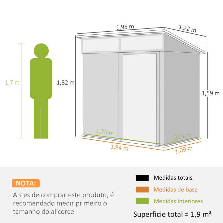 Abrigo de Jardim 1,9m² 195x122x182 cm Abrigo de Exterior com Base Reforçada (Chão NÃO Incluído) Porta Corredera Janelas Abrigo de Ferramentas para Pátio Marrom Claro