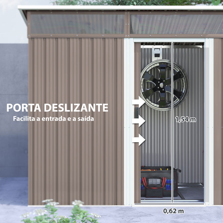 Abrigo de Jardim 1,9m² 195x122x182 cm Abrigo de Exterior com Base Reforçada (Chão NÃO Incluído) Porta Corredera Janelas Abrigo de Ferramentas para Pátio Marrom Claro