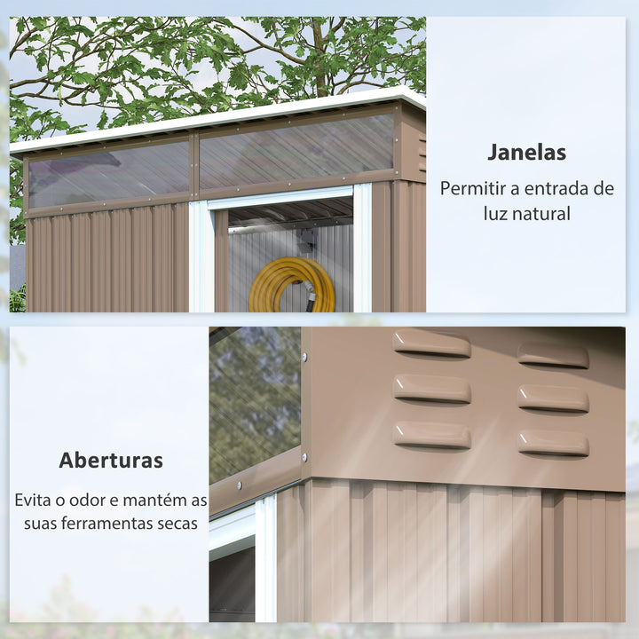 Abrigo de Jardim 1,9m² 195x122x182 cm Abrigo de Exterior com Base Reforçada (Chão NÃO Incluído) Porta Corredera Janelas Abrigo de Ferramentas para Pátio Marrom Claro