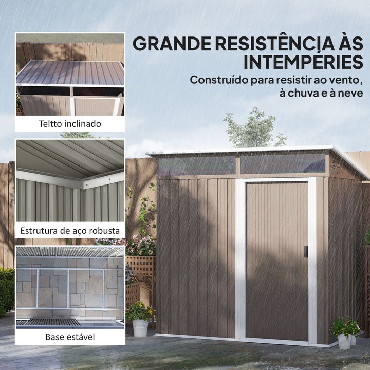 Abrigo de Jardim 1,9m² 195x122x182 cm Abrigo de Exterior com Base Reforçada (Chão NÃO Incluído) Porta Corredera Janelas Abrigo de Ferramentas para Pátio Marrom Claro