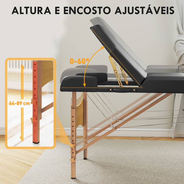 Marquesa de Massagem Dobrável Portátil Marquesa Estética Profissional em Madeira de 3 Zonas com Altura Ajustável Apoio de Cabeça Apoios de Braço Acolchoados 215x60x64-89 cm Preto