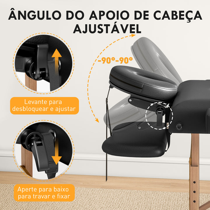 Marquesa de Massagem Dobrável Portátil Marquesa Estética Profissional em Madeira de 3 Zonas com Altura Ajustável Apoio de Cabeça Apoios de Braço Acolchoados 215x60x64-89 cm Preto