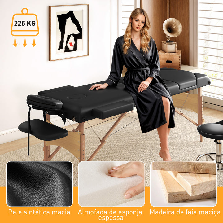 Marquesa de Massagem Dobrável Portátil Marquesa Estética Profissional em Madeira de 3 Zonas com Altura Ajustável Apoio de Cabeça Apoios de Braço Acolchoados 215x60x64-89 cm Preto