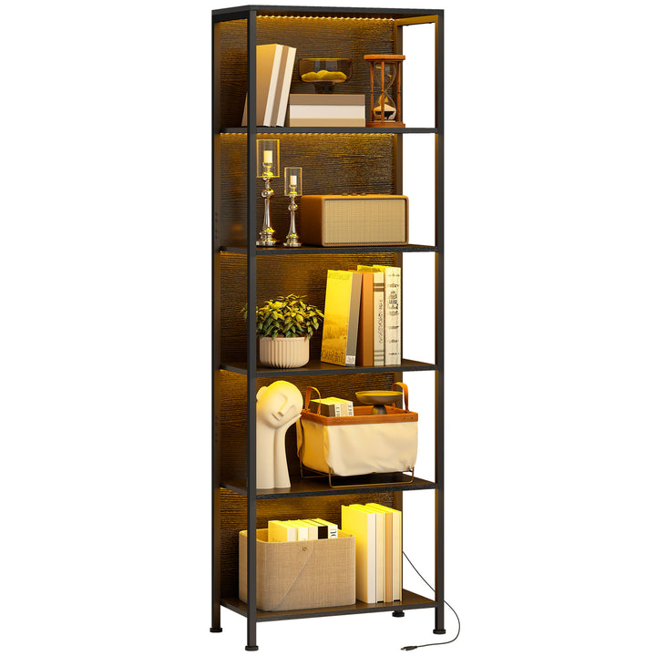 Estante de 5 Níveis com Luzes LED de 7 Cores Estante para Livros 60x30x179 cm Estante Industrial com Estrutura de Aço para Sala Quarto Escritório Preto