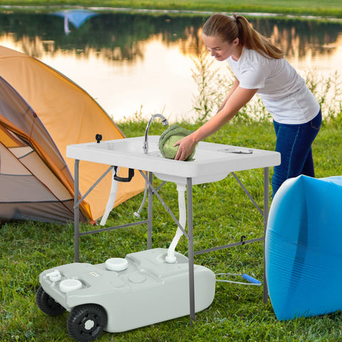 Depósito de Água 40 L com Rodas Depósito de Água Portátil com Pega Metálica e Torneira para Caravanas Autocaravanas Campismo ao Ar Livre 37x23x80 cm Cinzento