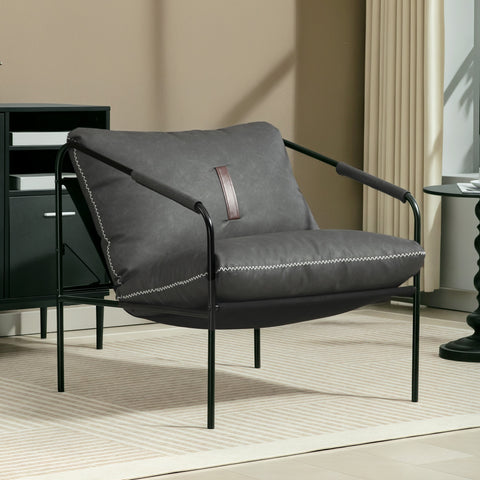 Poltrona Moderna Poltrona de Leitura Estofada em Couro Sintético Capas de Almofadas Removíveis Acolchoamento Espesso Pés de Metal para Quarto Escritório 74,5x75x77 cm Cinza Carvão