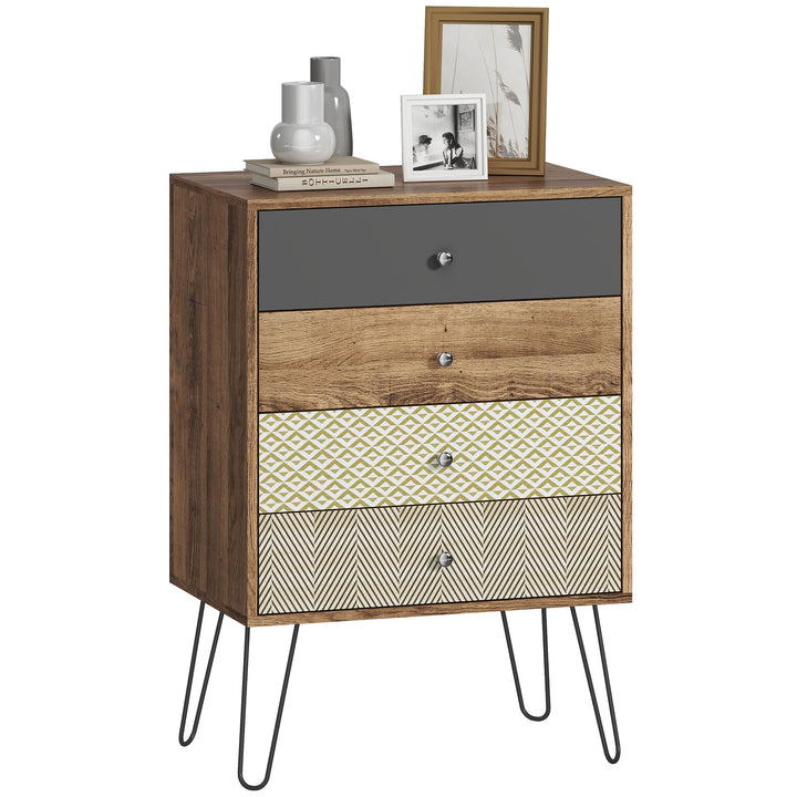 Cómoda 4 Gavetas Cómoda para Quarto com Pés em Forma de V de Aço Cómoda para Sala de Estar Escritório Estilo Boémio 60x39x86 cm Multicor