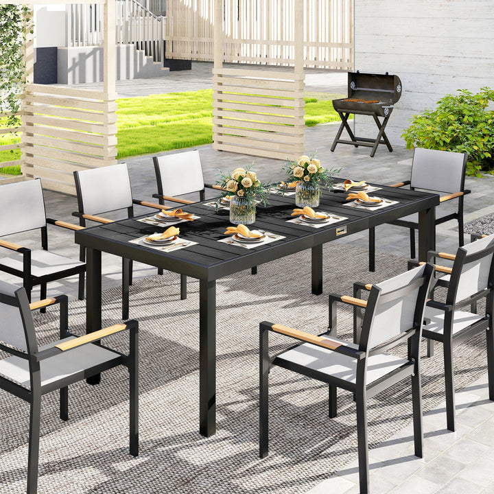 Mesa de Jardim Retangular Mesa de Exterior para 8 Pessoas com Bancada de Ripas e Estrutura de Alumínio para Terraço Balcão 190x90x74cm Preto