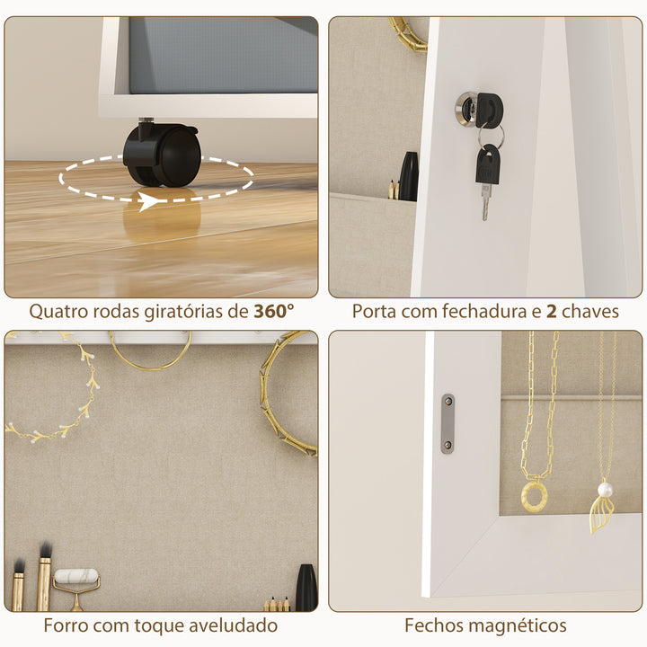 Espelho Armário de Jóias com Luzes LED, Armário para Jóias com Rodas Espelho de Corpo Inteiro Giratório 360° Prateleiras Abertas Gavetas de Tecido Branco