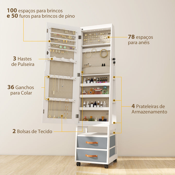 Espelho Armário de Jóias com Luzes LED, Armário para Jóias com Rodas Espelho de Corpo Inteiro Giratório 360° Prateleiras Abertas Gavetas de Tecido Branco