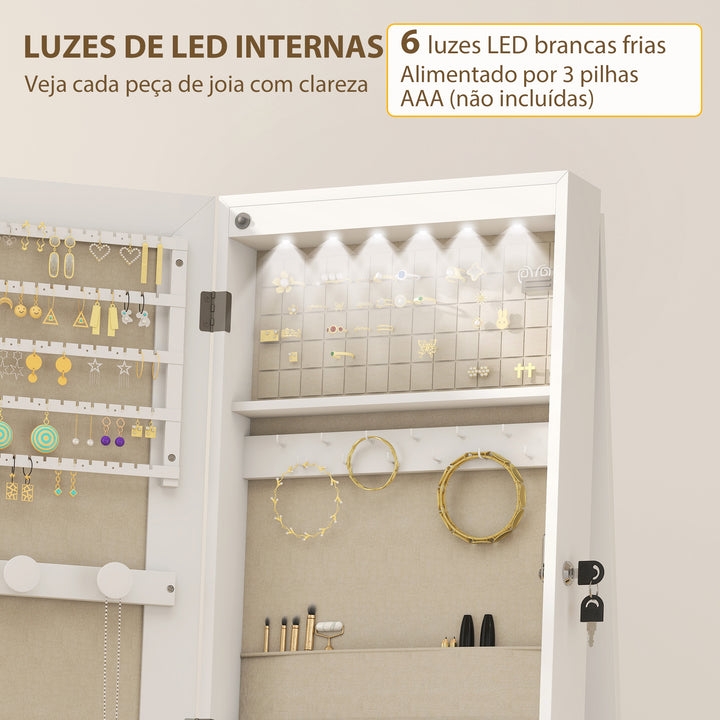 Espelho Armário de Jóias com Luzes LED, Armário para Jóias com Rodas Espelho de Corpo Inteiro Giratório 360° Prateleiras Abertas Gavetas de Tecido Branco