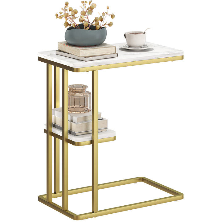 Mesa Auxiliar Estrutura em C Mesa Auxiliar Estreita de 2 Níveis com Prateleira Mesa de Cabeceira Moderna para Espaços Pequenos Sala Quarto 50x30x57,5 cm Branco Efeito Mármore