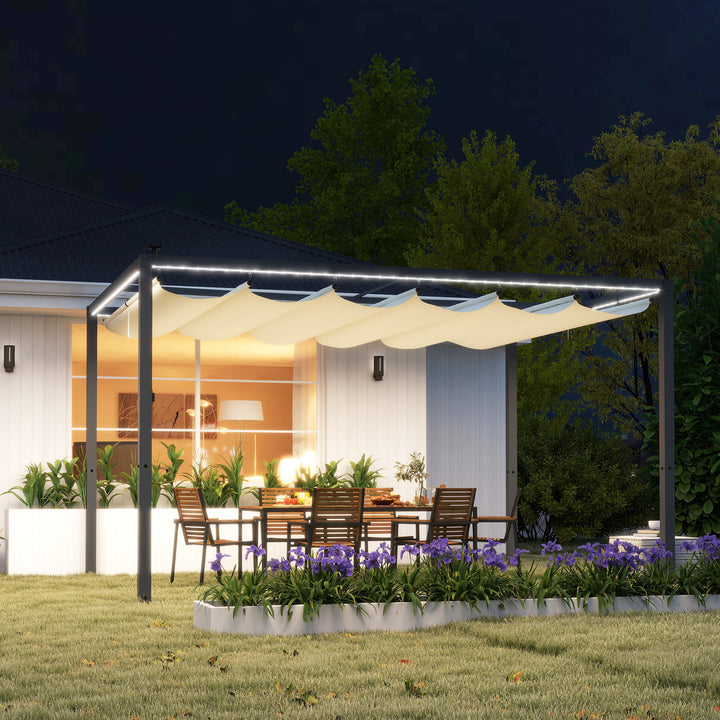 Pérgola de Alumínio 4x3 m Pérgola de Jardim Pérgola com Luzes LED Solares Teto Retrátil Impermeável Anti-UV Pérgola para Pátio Varanda Creme e Cinzento