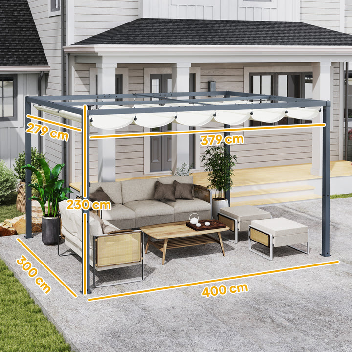 Pérgola de Alumínio 4x3 m Pérgola de Jardim Pérgola com Luzes LED Solares Teto Retrátil Impermeável Anti-UV Pérgola para Pátio Varanda Creme e Cinzento