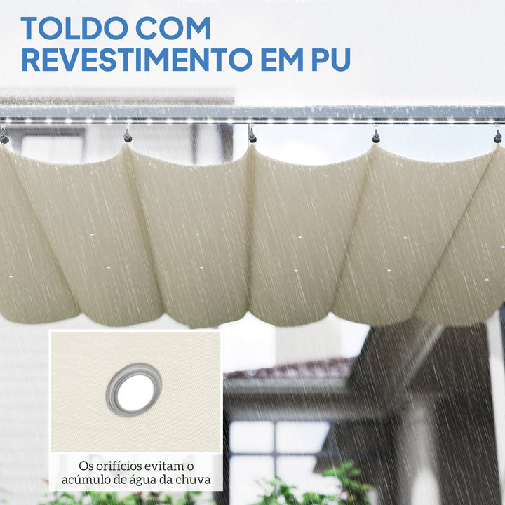 Pérgola de Alumínio 4x3 m Pérgola de Jardim Pérgola com Luzes LED Solares Teto Retrátil Impermeável Anti-UV Pérgola para Pátio Varanda Creme e Cinzento