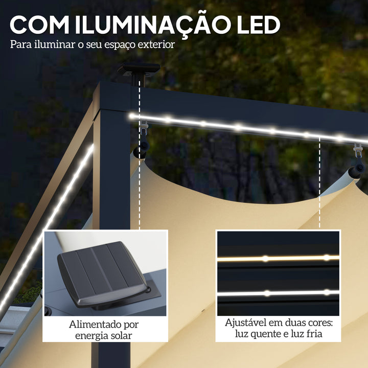 Pérgola de Alumínio 4x3 m Pérgola de Jardim Pérgola com Luzes LED Solares Teto Retrátil Impermeável Anti-UV Pérgola para Pátio Varanda Creme e Cinzento