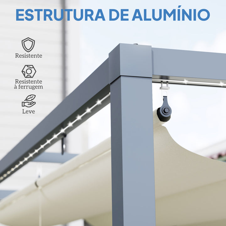 Pérgola de Alumínio 4x3 m Pérgola de Jardim Pérgola com Luzes LED Solares Teto Retrátil Impermeável Anti-UV Pérgola para Pátio Varanda Creme e Cinzento