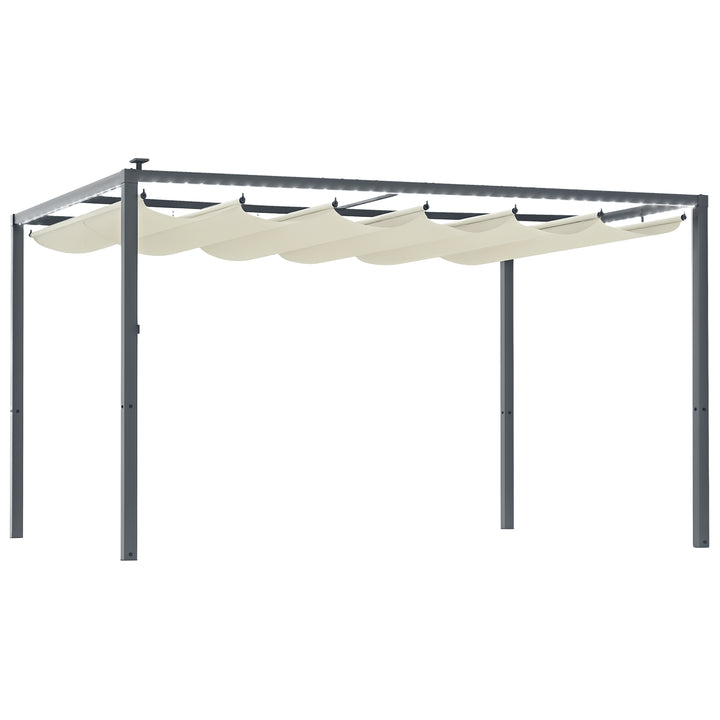 Pérgola de Alumínio 4x3 m Pérgola de Jardim Pérgola com Luzes LED Solares Teto Retrátil Impermeável Anti-UV Pérgola para Pátio Varanda Creme e Cinzento