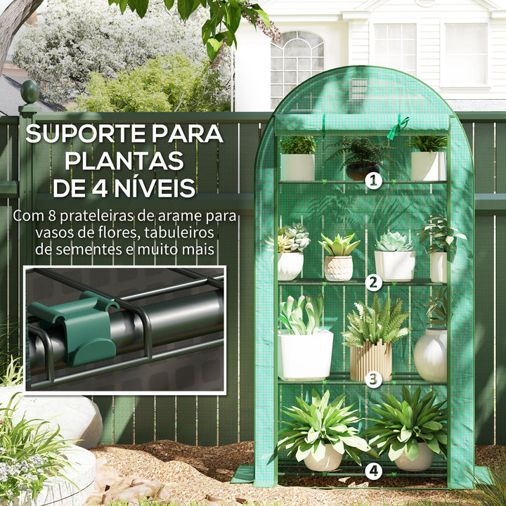 Estufa de Exterior Estufa Pequena de 4 Níveis com 4 Prateleiras Porta Enrolável Cobertura de PE e Estrutura de Aço para Cultivos Plantas Flores 105x45x160 cm Verde